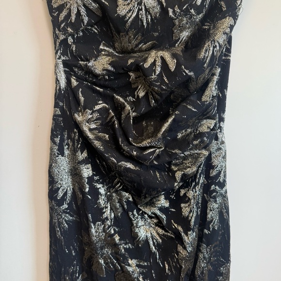 RICKIE FREEMAN TERI JON Black Gold Metallic Ruched Dress Asymmetrical Women’s 8 - Picture 4 of 12